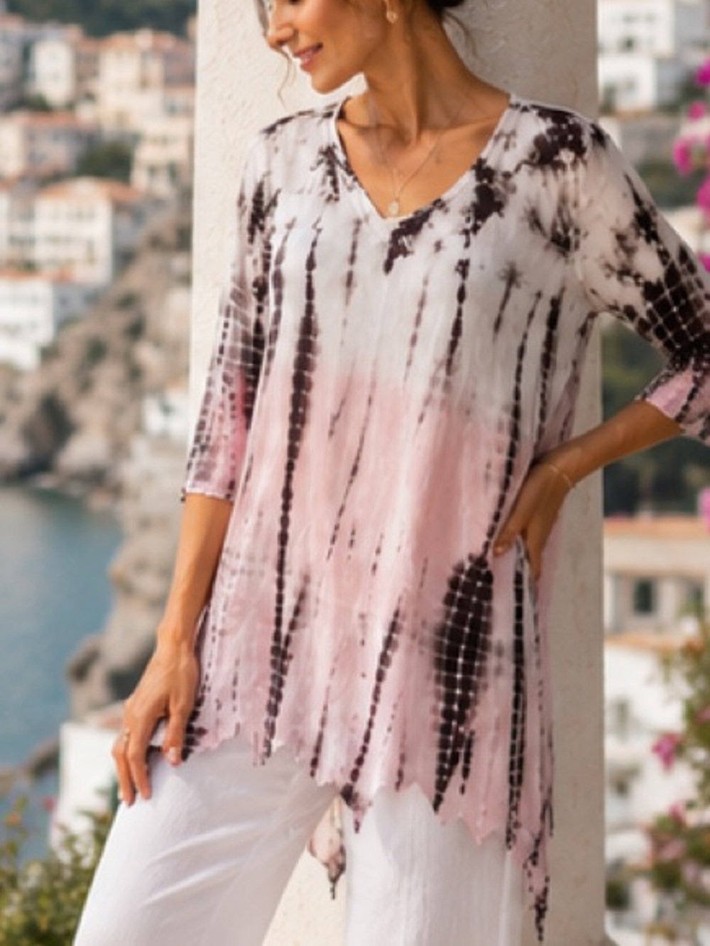 XCVI Shibori pink white tunic top v neck 3/4 sleeves asymmetrical Size M